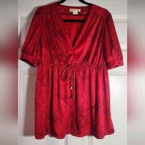MICHAEL Michael Kors Red Satin Feel Peplum Cinched Waist Short Sleeve Blouse L